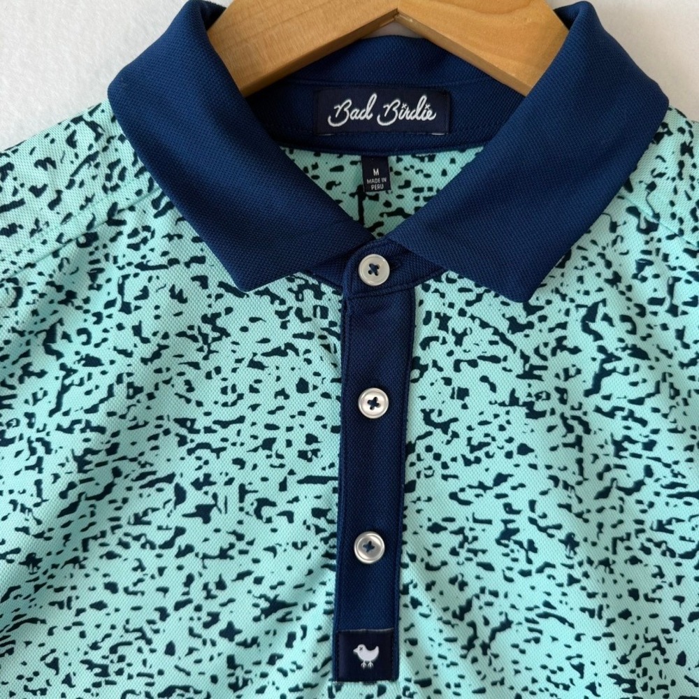 Bad Birdie Mens Golf Polo Shirt Medium Aqua Blue Abstract Print Performance